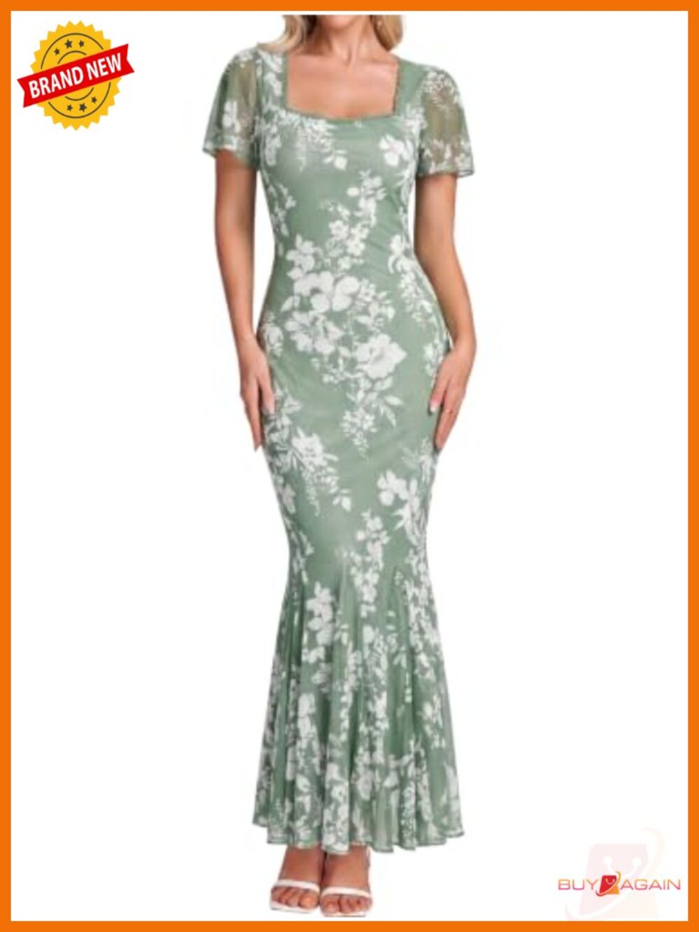 Parthea Mesh Floral Dress Wedding Guest Short Sleeve Square Neck Maxi